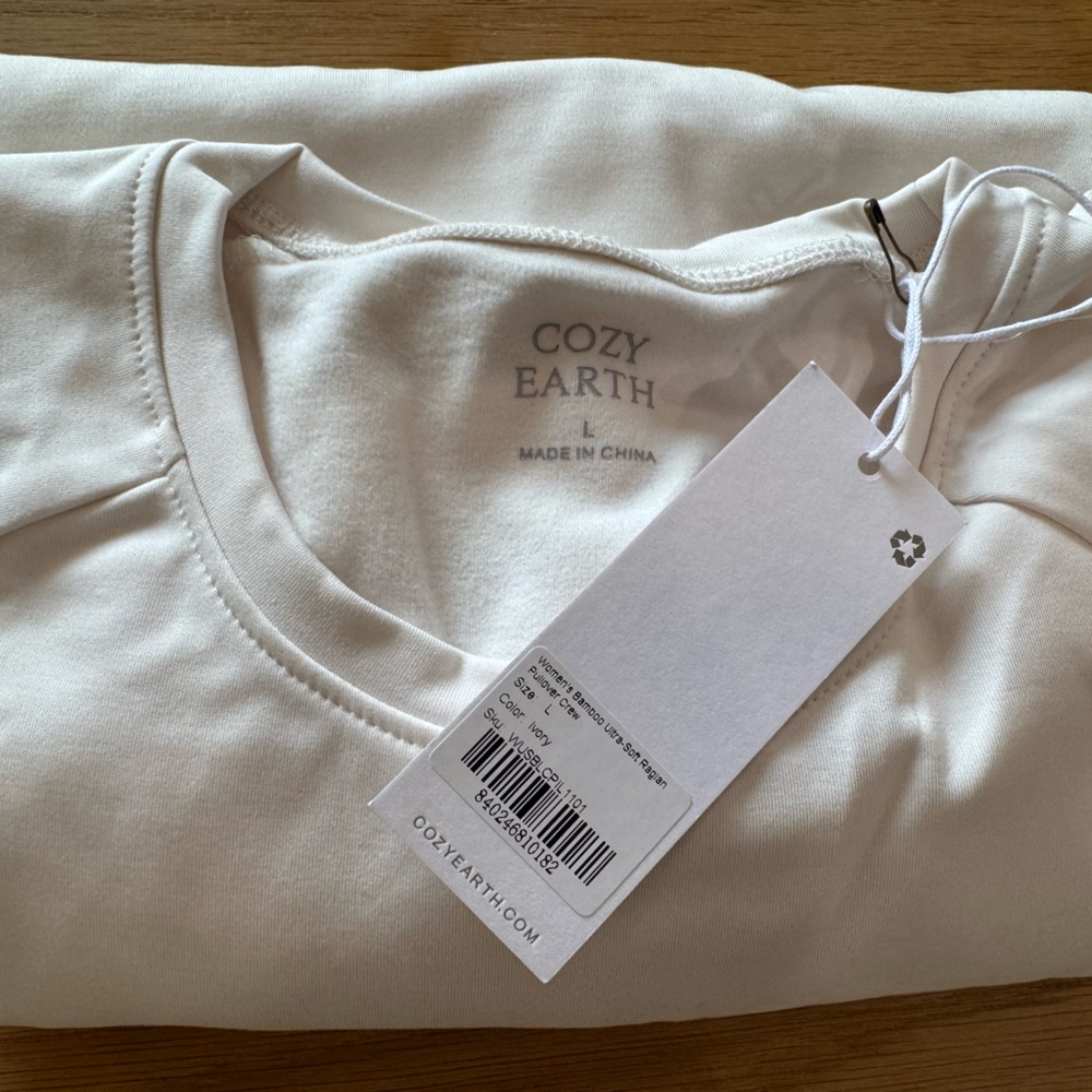 Cozy Earth Women's Bamboo Ultra-Soft Raglan Pullover Crew Sweatshirt LARGE Ivory